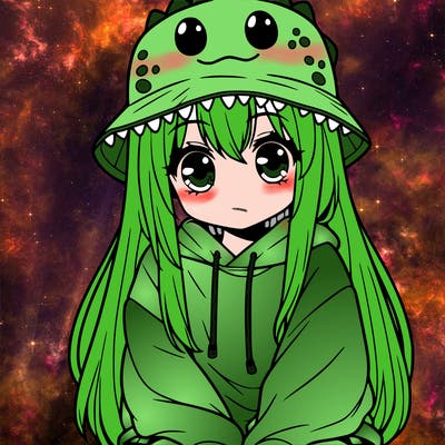 girl with anime shaped eyes with a dinosaur bucket hat oversized sweatshirt long straight hair