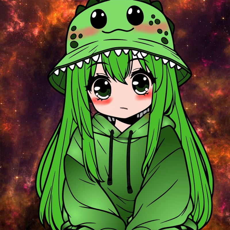 girl with anime shaped eyes with a dinosaur bucket hat oversized sweatshirt long straight hair