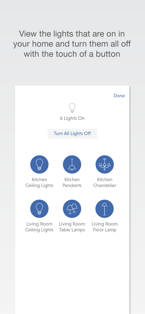 Lutron app interface showing active home lights with a master turn off button