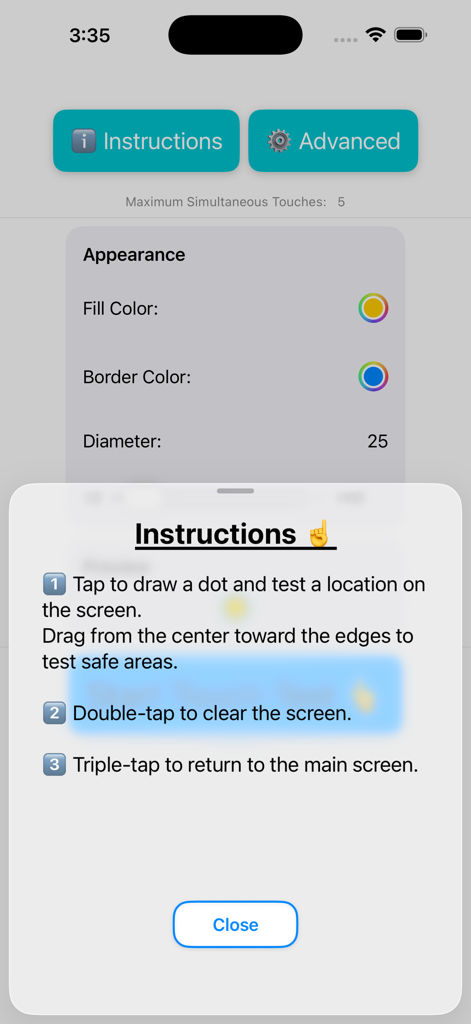 Menu de instruções no aplicativo Screen Test Utility explicando como usar gestos de toque para testar a tela sensível ao toque
