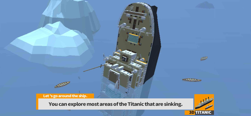 Une simulation 3D du naufrage du navire Titanic avec des canots de sauvetage et des icebergs à proximité.