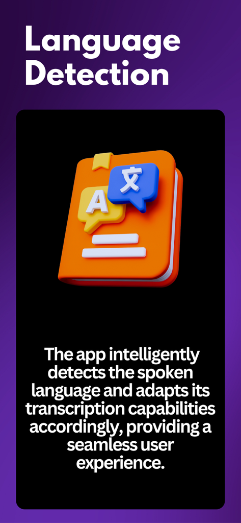 Transcribe: Voice to Text+ - A 3D illustration of an orange book with speech bubbles showing different languages representing the automatic language detection feature.
