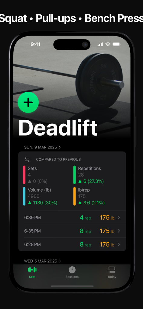 Setgraph app showing deadlift workout metrics including sets, repetitions, volume, and weight comparison against previous sessions.