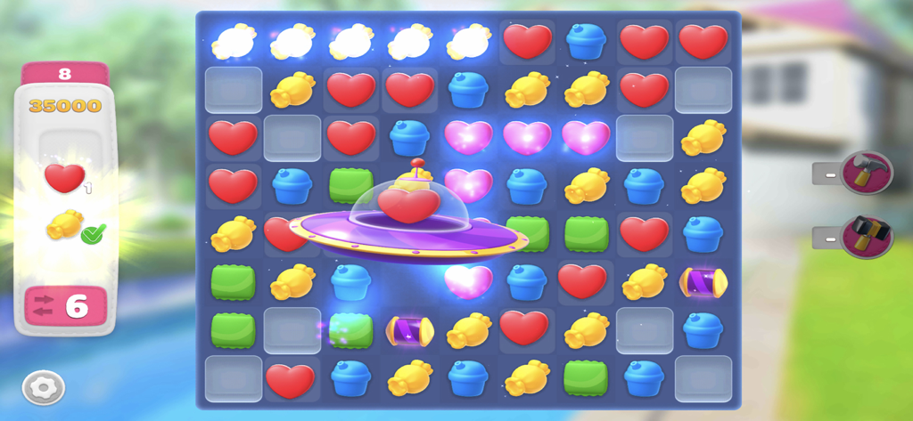 Home Decor - Interior Design - Match 3 puzzle level screen in Home Decor game showing colorful pieces and a powerup