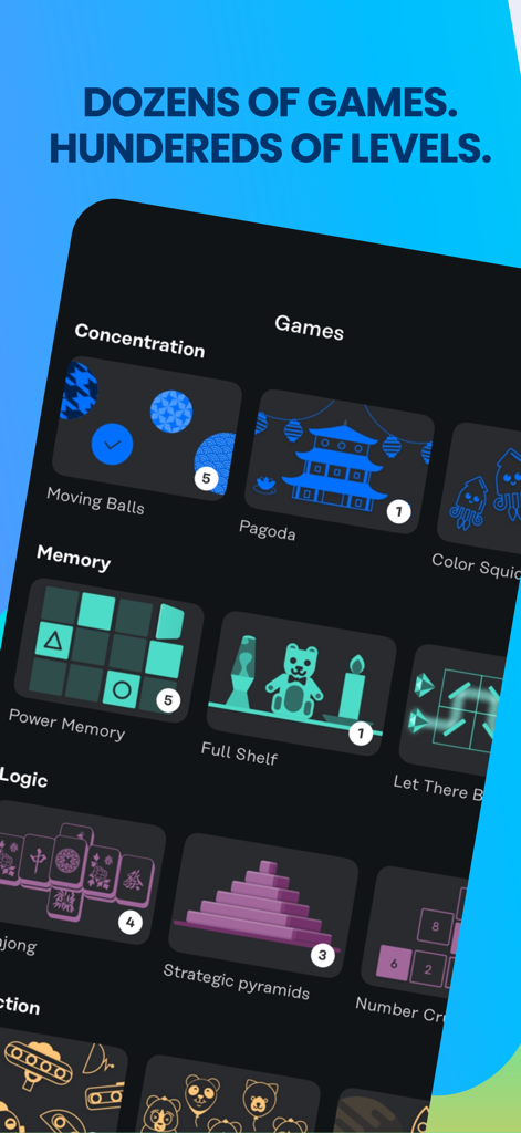 Memorado app screen showing categories of cognitive games including concentration memory and logic