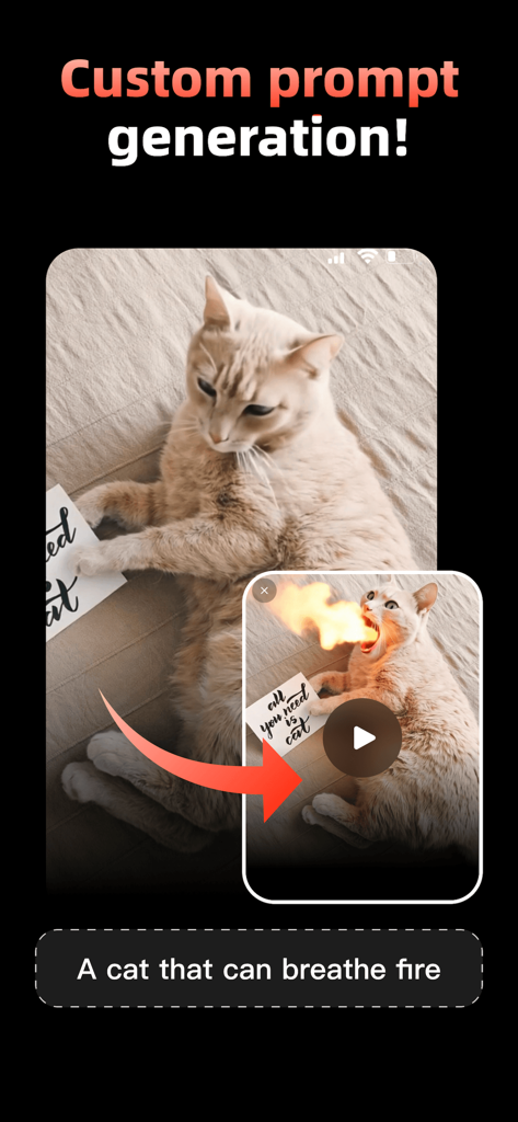 Aurora - AI Video Generator - Aurora AI app screen showing a cat photo transformed into a video of it breathing fire using a custom text prompt