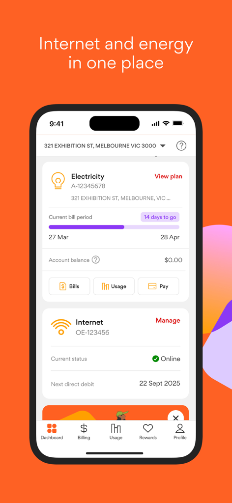 Dashboard of the Origin Energy app showing integrated electricity and internet account information