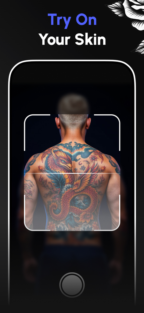 AI Tattoo Design - AI Ink - Vista previa de prueba virtual de tatuajes en la piel mostrando un gran diseño colorido de dragón en la espalda de un hombre