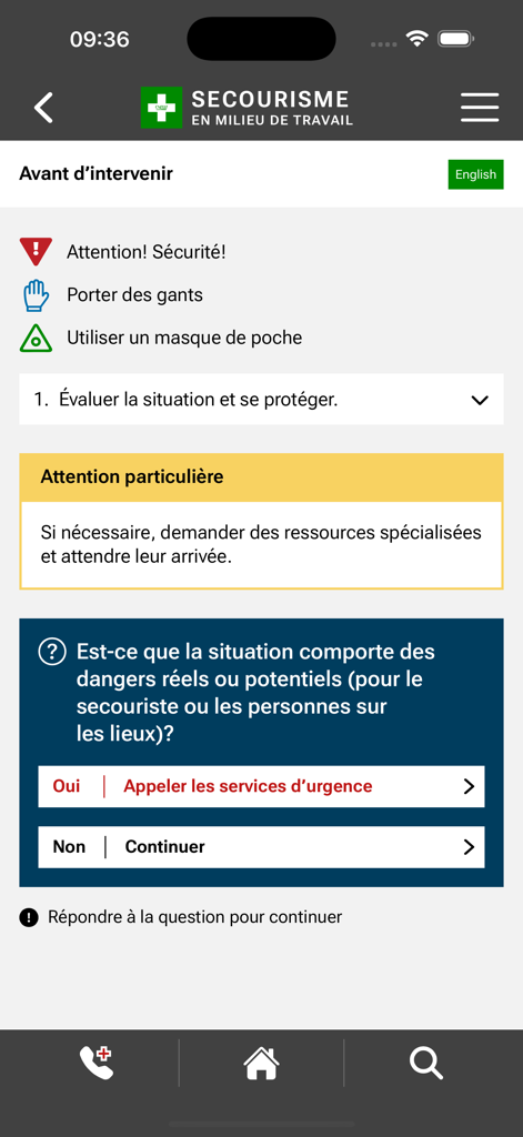 Secourisme - Milieu de travail - Workplace first aid app interface showing safety protocols and emergency decision steps