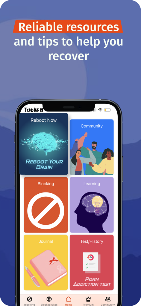 BlockerX: Pornblocker app - BlockerX app tools screen showing recovery resources and brain reboot options