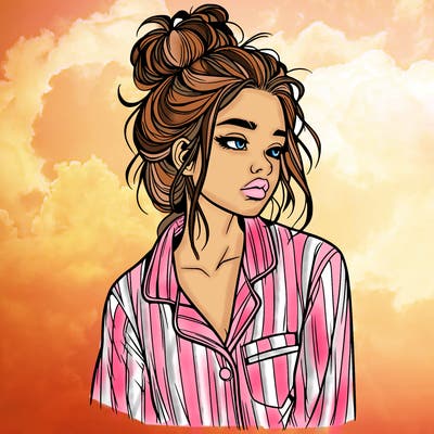 realistic woman with pajamas on and a messy bun
