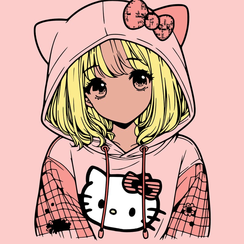 a girl wearing a hello kitty sweater with hood also realistic