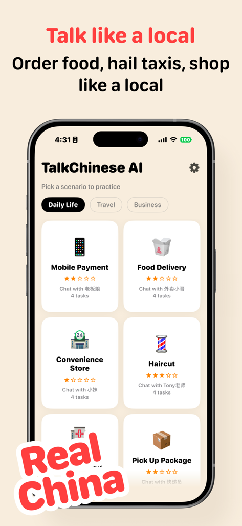 Talk Chinese - Get Fluent - Talk Chinese app interface displaying real-life Mandarin conversation scenarios like mobile payments and food delivery