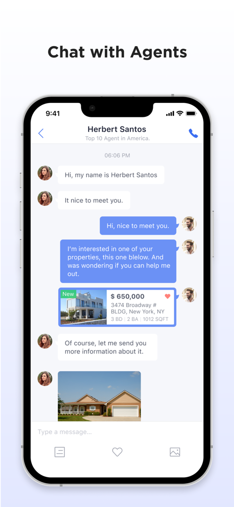 Closely real estate app chat interface showing a conversation between a user and an agent about a property listing
