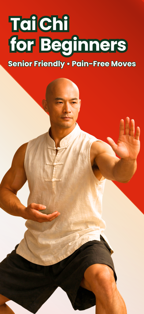 Tai Chi for Beginners Daily - Hombre realizando una pose de Tai Chi con texto promocionando movimientos amigables para personas mayores y sin dolor