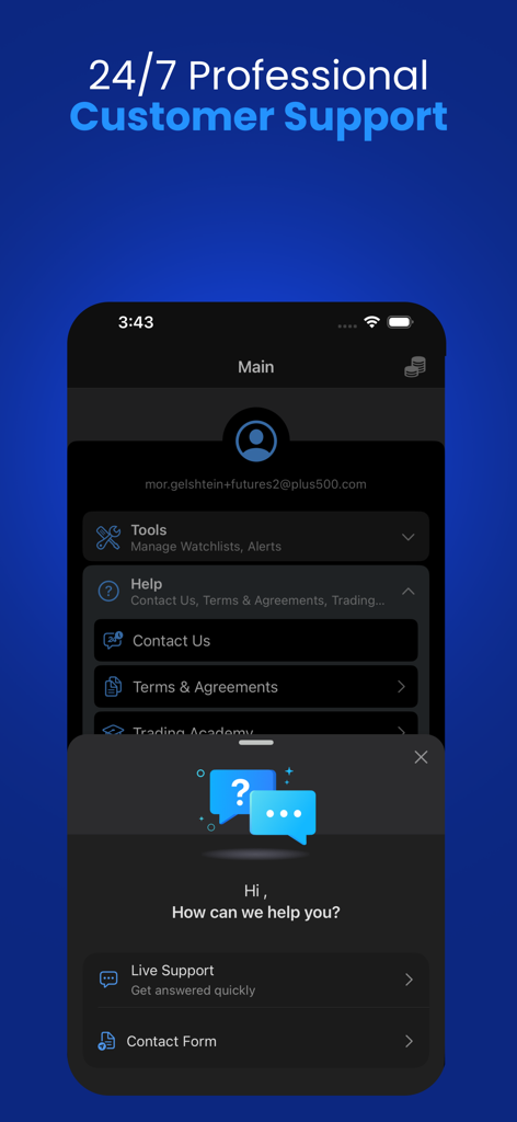 Interfaz de la aplicación Plus500 destacando su soporte al cliente profesional 24/7 con chat en vivo y opciones de contacto