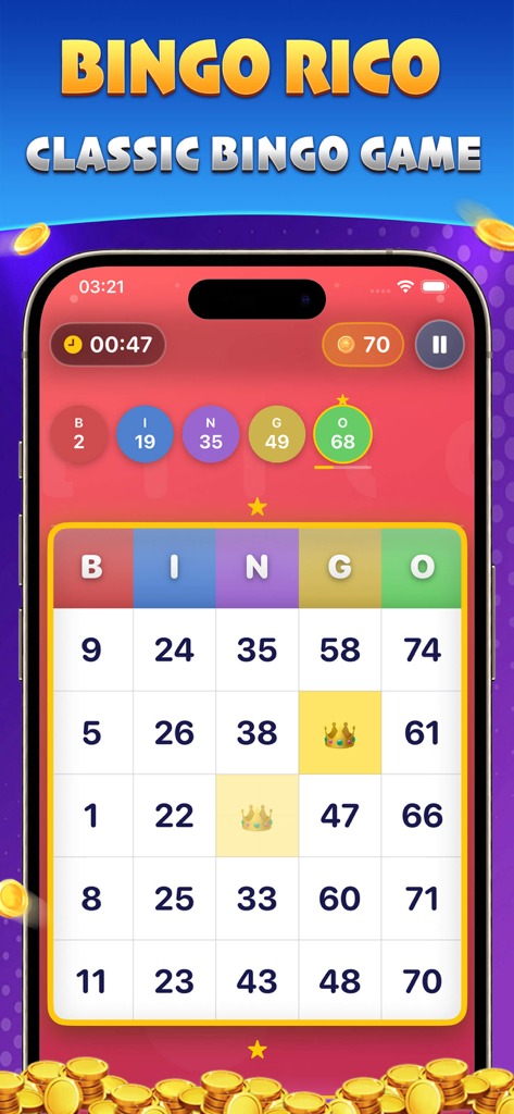 A mobile screen showing the Bingo Rico classic bingo game interface with a 5x5 number grid and called numbers.