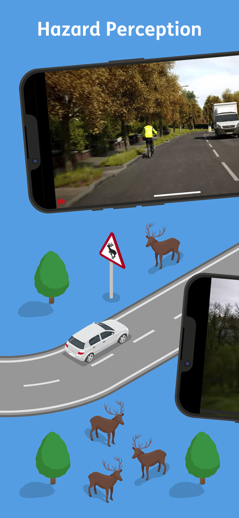 Official DVSA Theory Test Kit app interface showing the hazard perception practice feature with video and road illustrations.