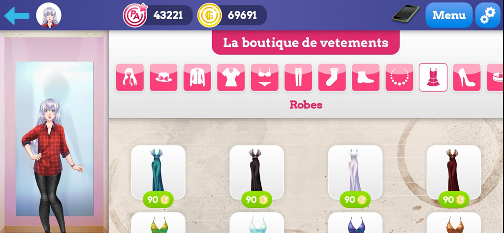 My Candy Love - Otome game - Avatar customization screen in My Candy Love showing the clothing boutique with various dresses for sale.