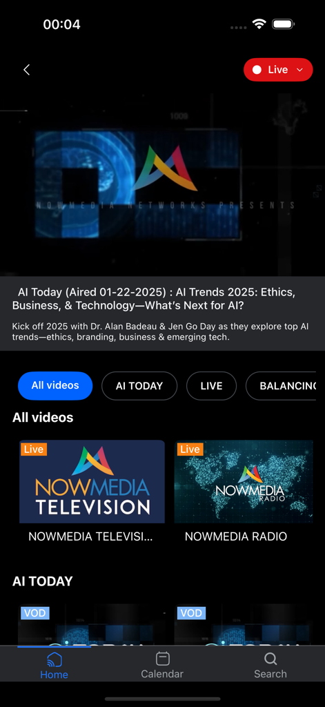 NowMedia Television app interface showing live news and original programming videos