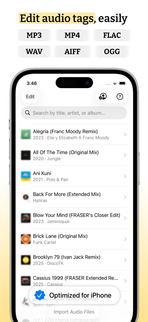 Interface of Audio Tag Editor app on iPhone showing a song list and supported audio formats like MP3 and FLAC