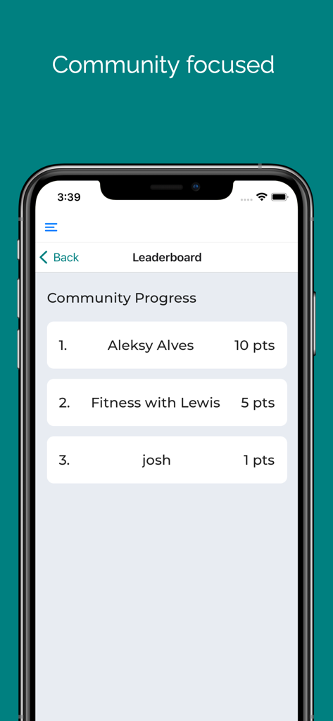 Move: Workout and fitness - Screenshot der Move-Fitness-App, der eine Community-Fortschrittsrangliste mit Platzierungen und Punkten zeigt.