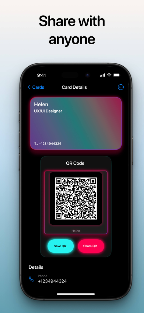 A digital business card for a UX designer featuring a prominent QR code for quick sharing and lead capture.