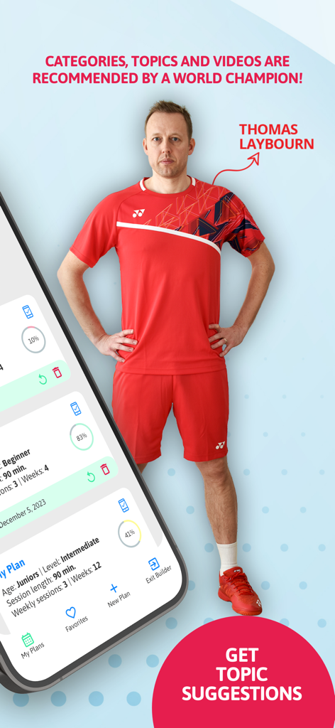 Bildschirm der Badminton Famly plus App mit Weltmeister Thomas Laybourn mit Trainingsplanvorschlägen und professionellen Empfehlungen.