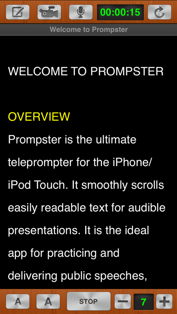 Prompster Pro™ - Teleprompter - Interfaz de la aplicación teleprompter Prompster Pro mostrando un guion desplazándose y controles de grabación