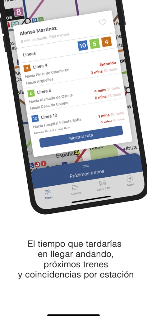 Interfaz de la aplicación MetroTiming que muestra los horarios de llegada de trenes y la distancia a pie para una estación de Metro de Madrid.