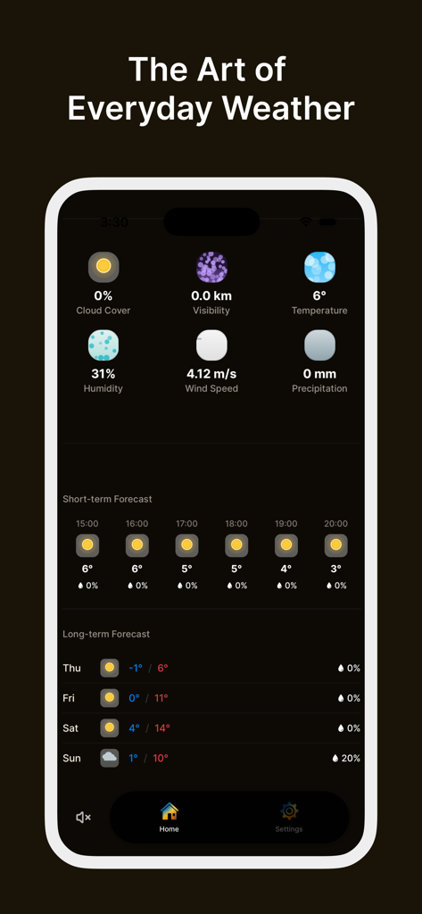 Golden Horizon: Sunrise Sunset - Panel de control meteorológico minimalista e interfaz de pronóstico de la aplicación Golden Horizon