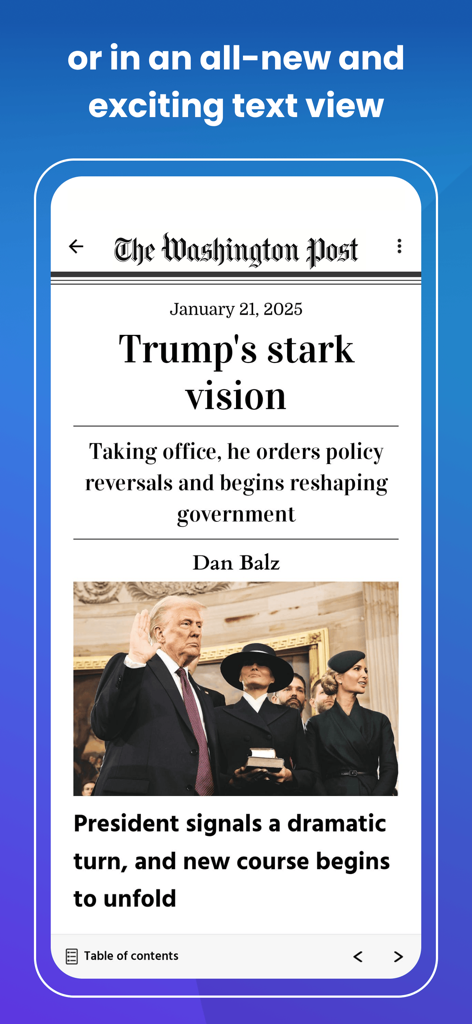 Magzter app displaying a Washington Post article in a mobile optimized text view