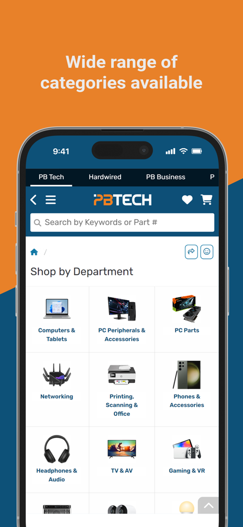 PB Tech - L'interface de l'application mobile PB Tech présente différents rayons d'achat, notamment des ordinateurs, des composants PC et des équipements de jeu.