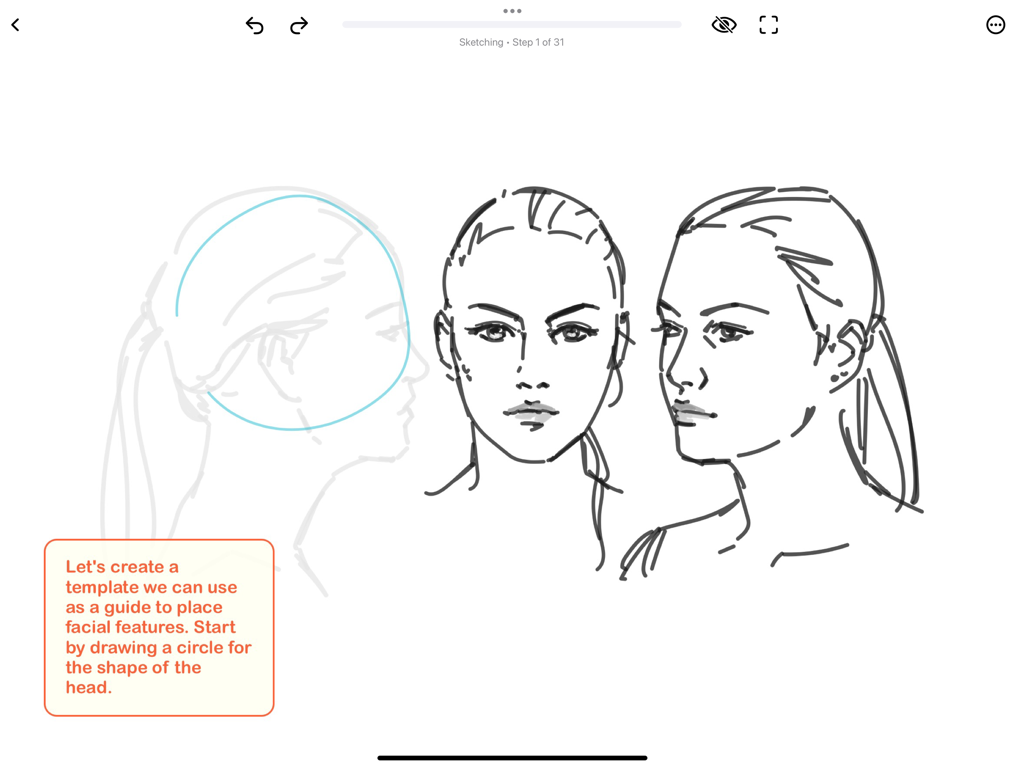 Portrait sketching tutorial in ShadowDraw app showing head proportion guides and female face drawings