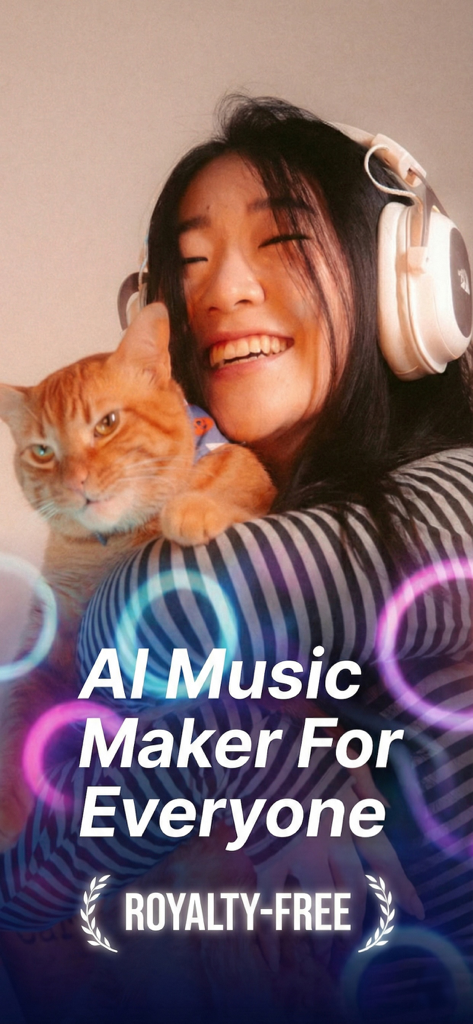 AI Voice & Song Generator - Una joven sonriente con auriculares blancos y un gato naranja con el texto superpuesto "AI Music Maker para todos" y "Libre de derechos".