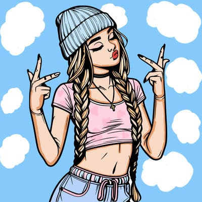 realistic teenage girl with braids and a beanie and crop top doing 🫶🏼