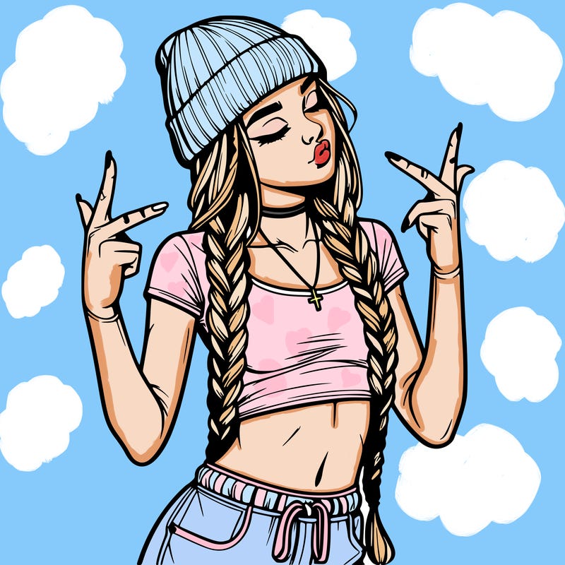 realistic teenage girl with braids and a beanie and crop top doing 🫶🏼