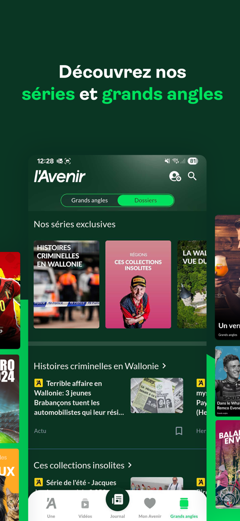 L'Avenir 모바일 앱 인터페이스: 월로니아에 대한 독점 뉴스 시리즈 및 장편 보고서 표시