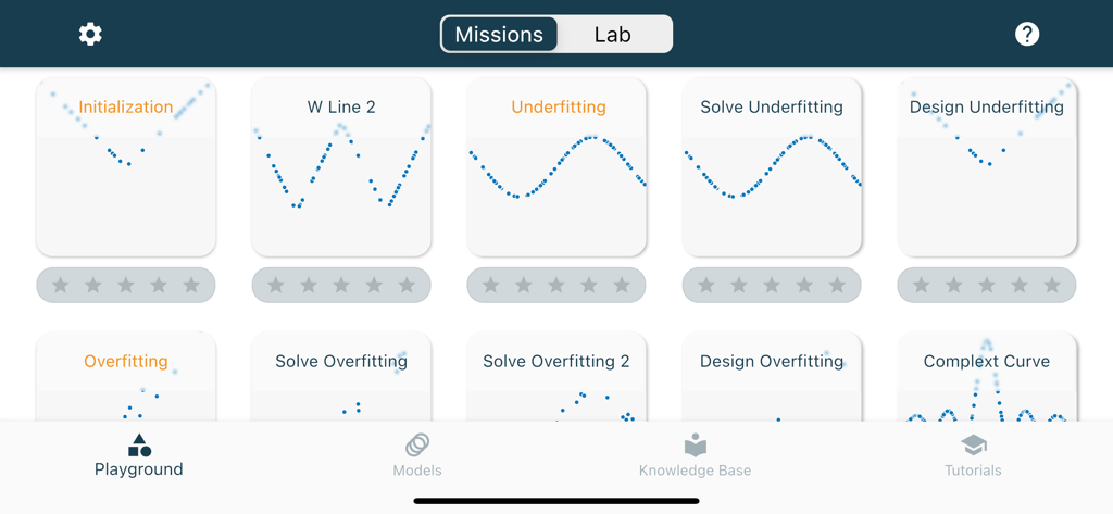 Neural Network app interface showing a list of interactive learning missions for AI concepts like underfitting and overfitting