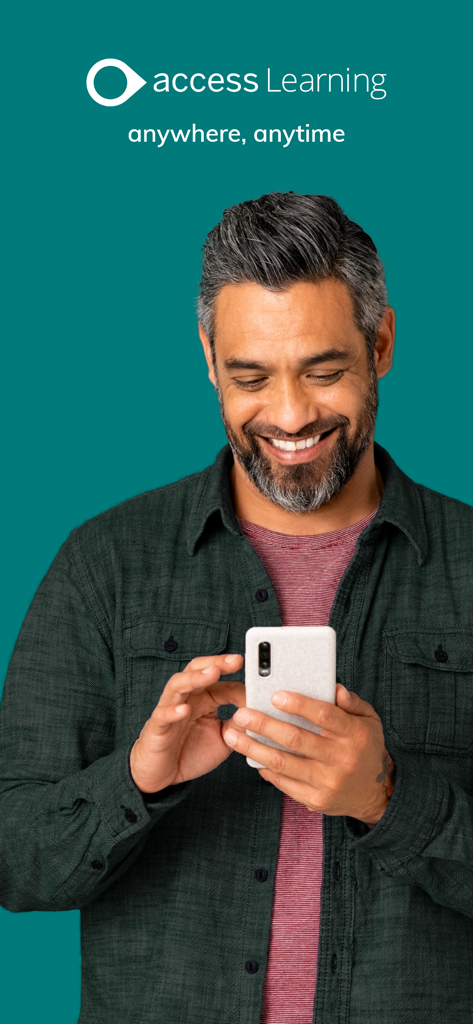 Access Learning - A professional using the Access Learning app on a smartphone with the slogan anywhere anytime