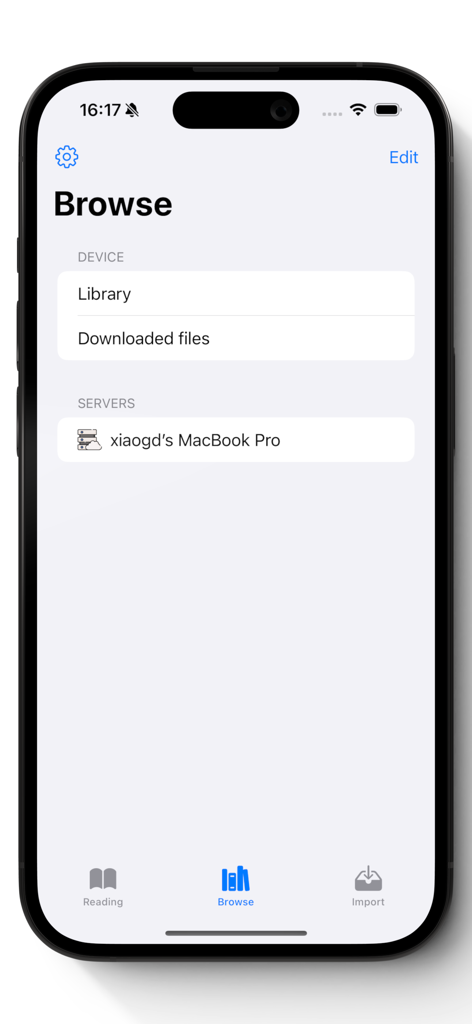 Browse interface of KedaReader showing local library and remote server access