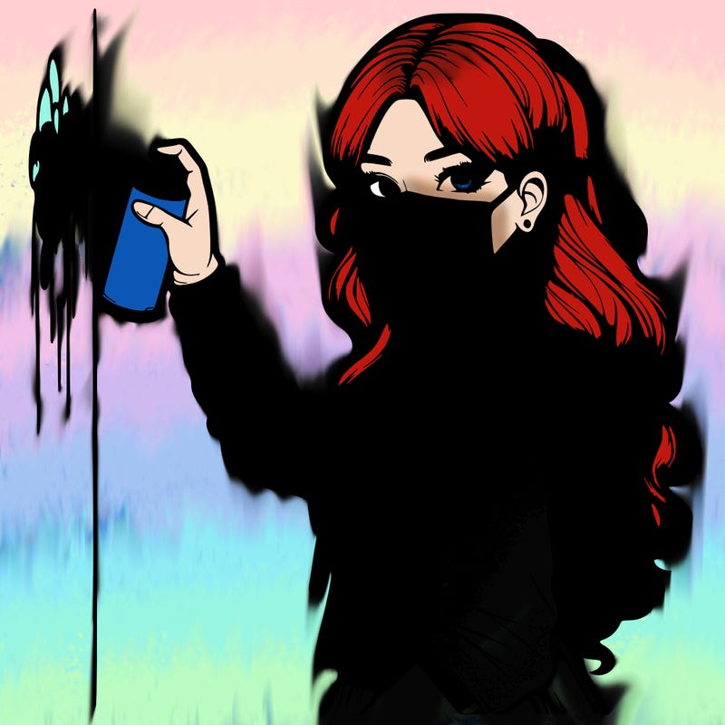 realistic girl with mask spray painting a wall