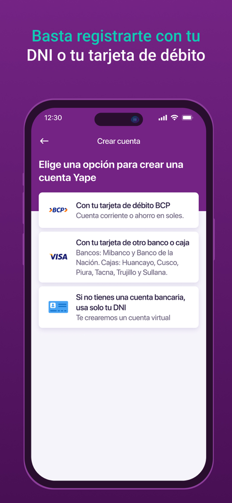 Yape - Pantalla de creación de cuenta de la aplicación Yape con opciones de registro usando tarjeta de débito BCP o DNI peruano