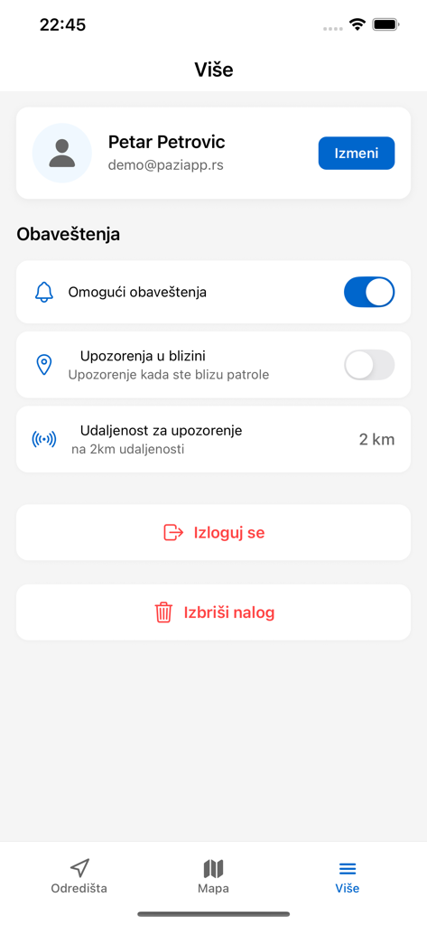 Pazi - Patrole i Radari - User profile and notification settings screen in the Pazi patrol and radar app.