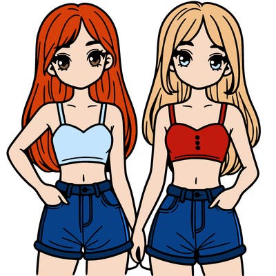 two sisters with crop tops and jean shorts and straight hair