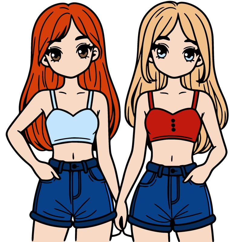 two sisters with crop tops and jean shorts and straight hair