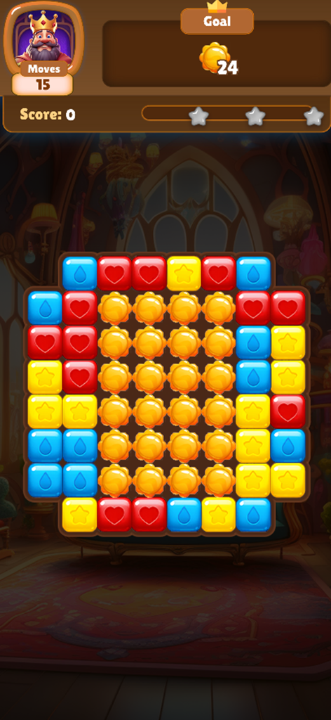 Castle Match: Royal Puzzle - A colorful match 3 puzzle grid with heart and star icons inside a royal palace