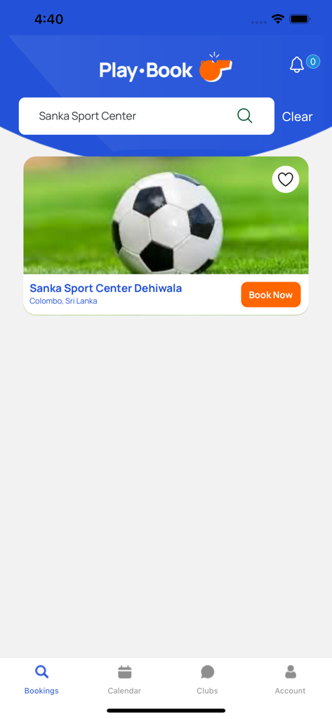 Play.Book - Interface of the Play.Book app showing a sports center booking card with a soccer ball