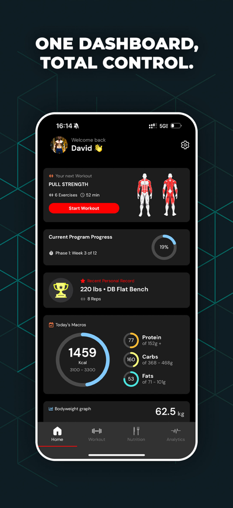 BEASTLY: Build Muscle Fast - Dashboard of the BEASTLY fitness app displaying workout routines muscle maps personal records and nutrition tracking macros