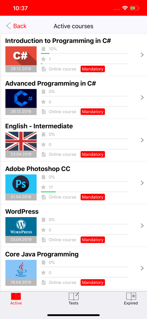 ITAcademy DLS - ITAcademy DLS app interface displaying a list of active online courses including programming design and business